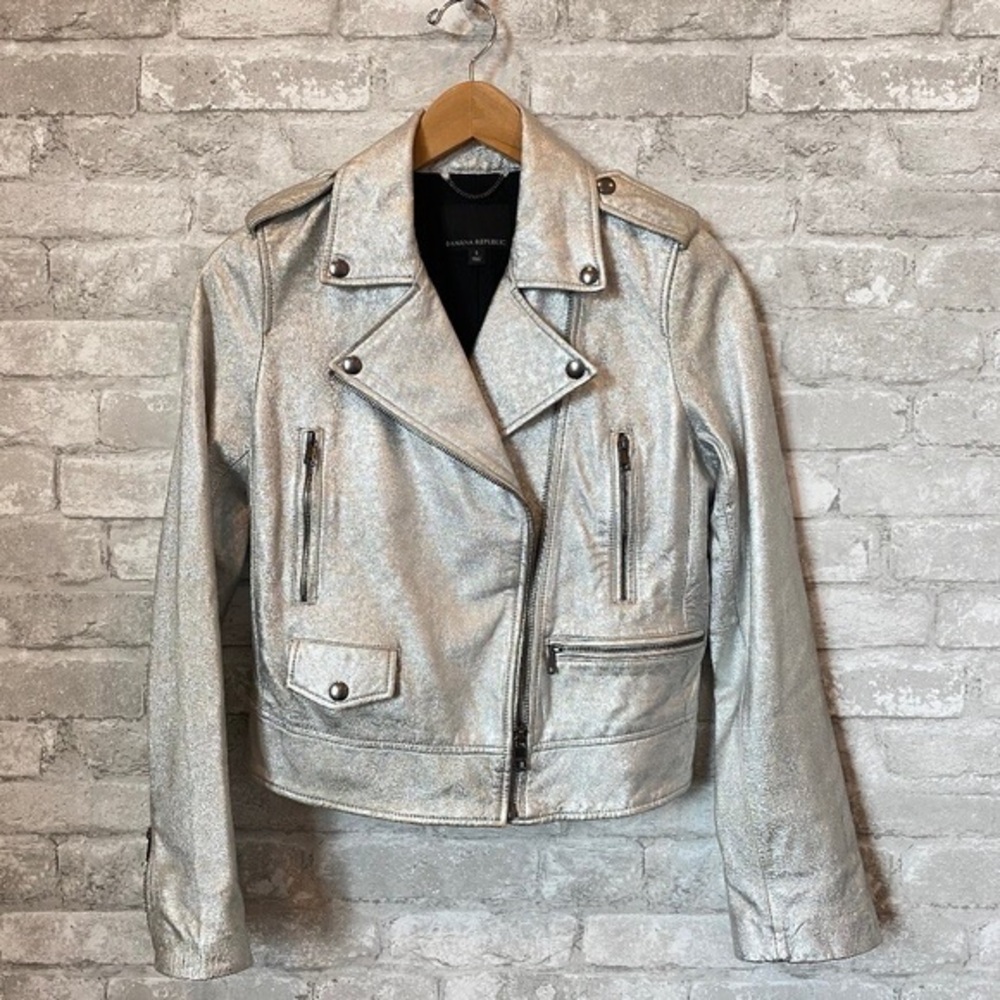 Banana Republic Retro Silver Metallic Leather Motorcycle Jacket
